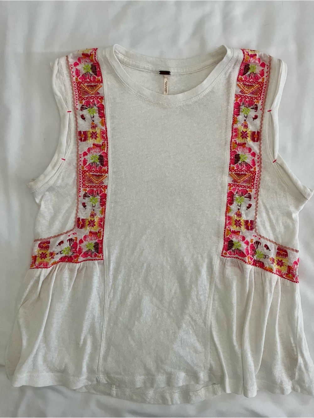 Free People White Tank with Pink and Green Embroidered Stripes